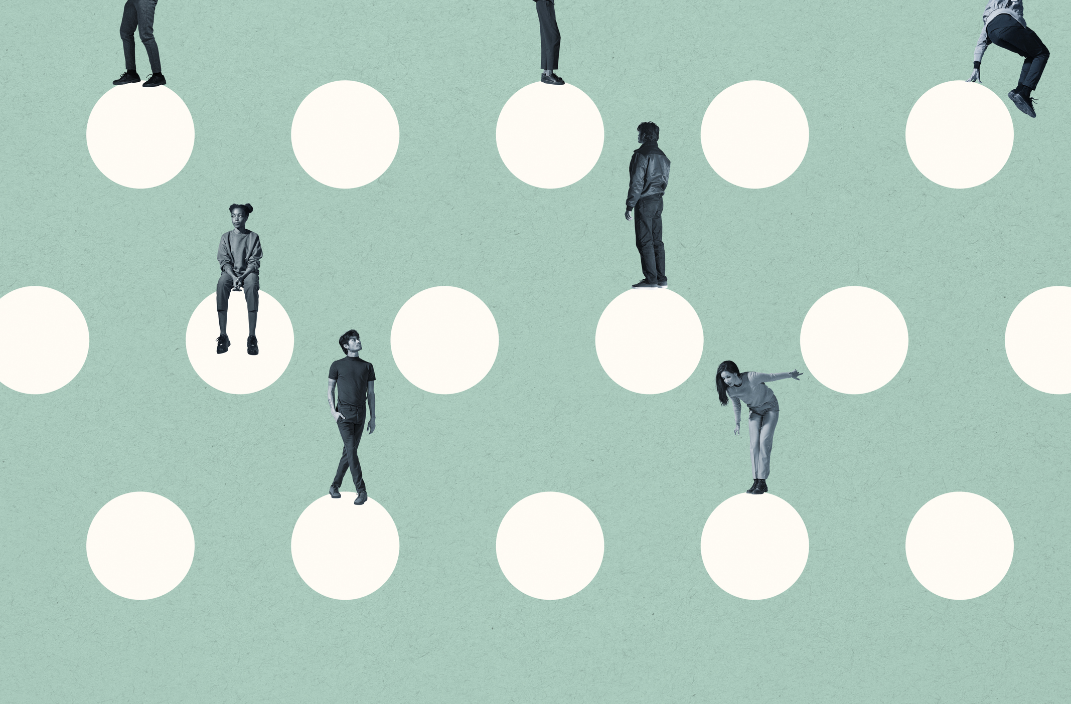 An image of multi-ethnic men and women perched on white circles against a seafoam green background.