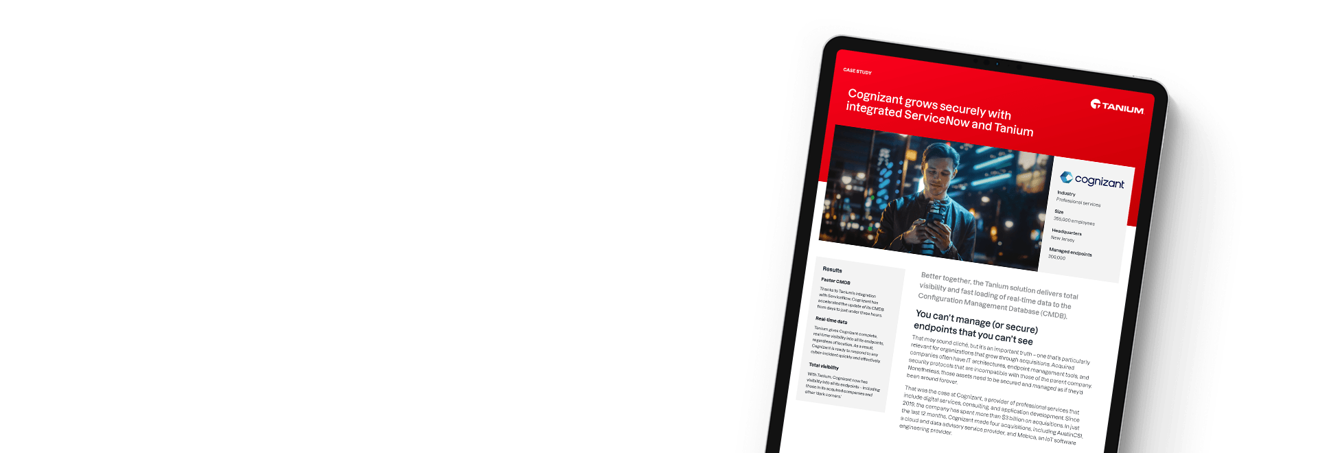Tablet showing case study 'Cognizant grows securely with integrated ServiceNow and Tanium' with technology imagery