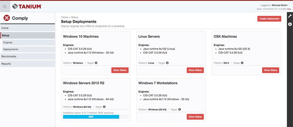 Tanium Comply dashboard showing deployment schedules across different operating systems