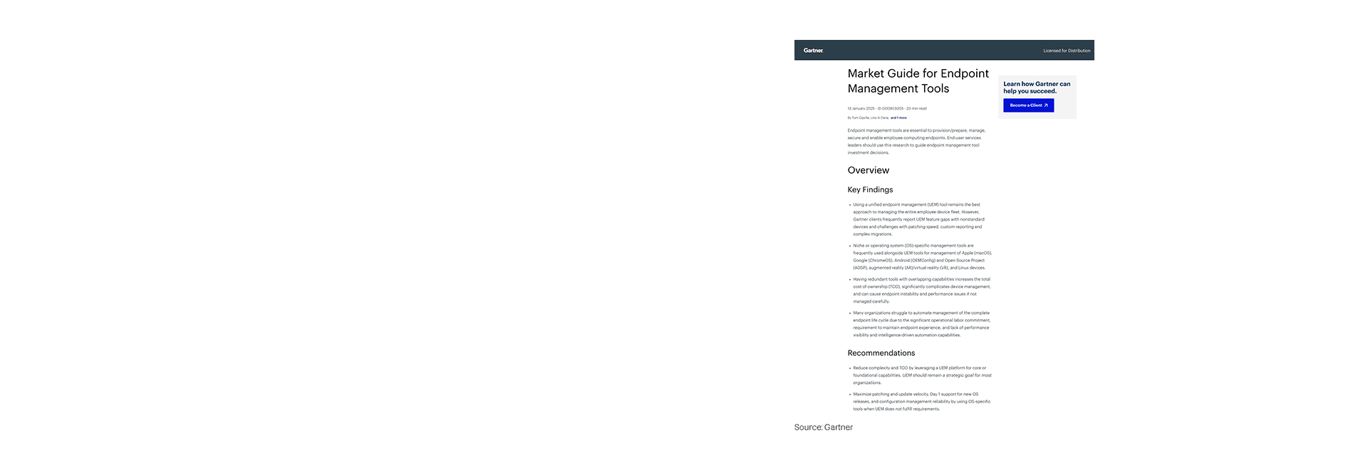 Gartner Market Guide for Endpoint Management Tools 2025 report page