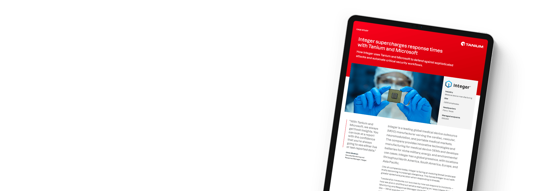 Tablet displaying case study 'Integer supercharges response times with Tanium and Microsoft'