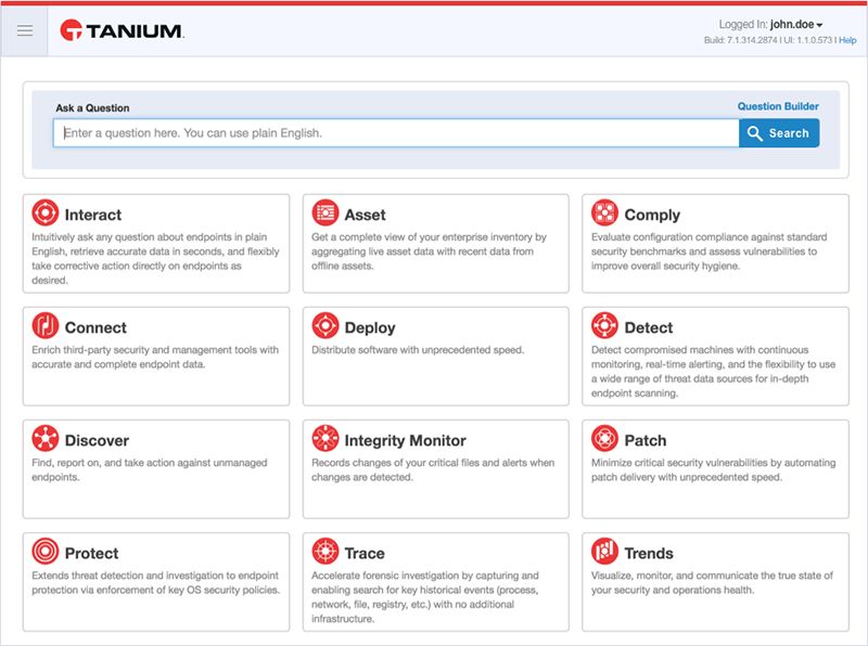 Screenshot of Tanium platform homepage showing action items including Interact, Asset, Comply, Connect, Deploy, Detect, Discover, Integrity Monitor, Patch, P…