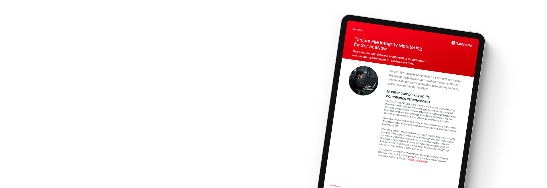 Tablet showing datasheet 'Tanium File Integrity Monitoring for ServiceNow'