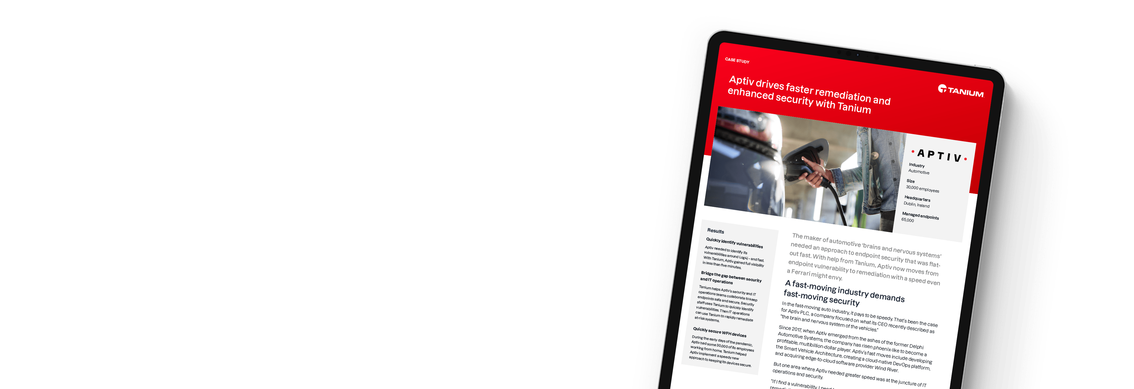Tablet showing case study 'Aptiv drives faster remediation and enhanced security with Tanium'