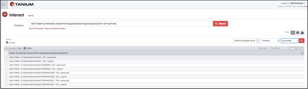 Tanium Interact forensic query showing file system contents and directory enumeration for incident investigation