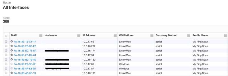 Screenshot of Tanium All Interfaces page listing 369 network interfaces with MAC address, hostname, IP address, and OS platform information