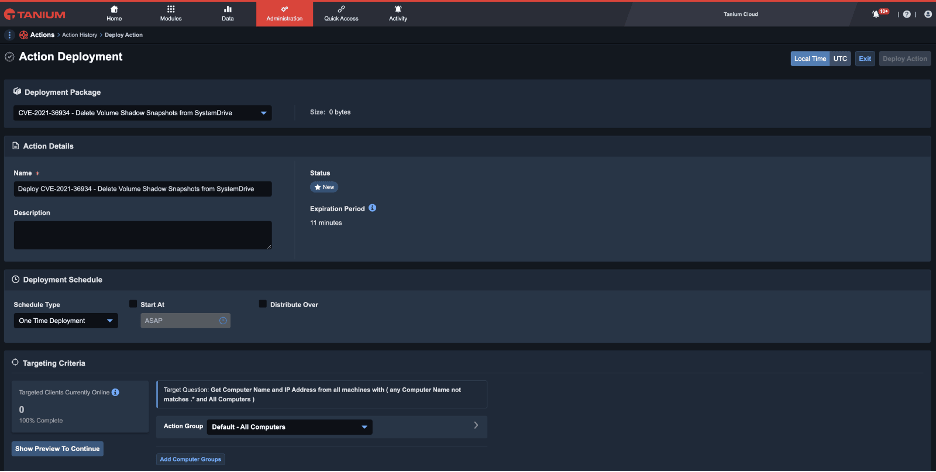 Screenshot of Tanium Action Deployment targeting criteria
