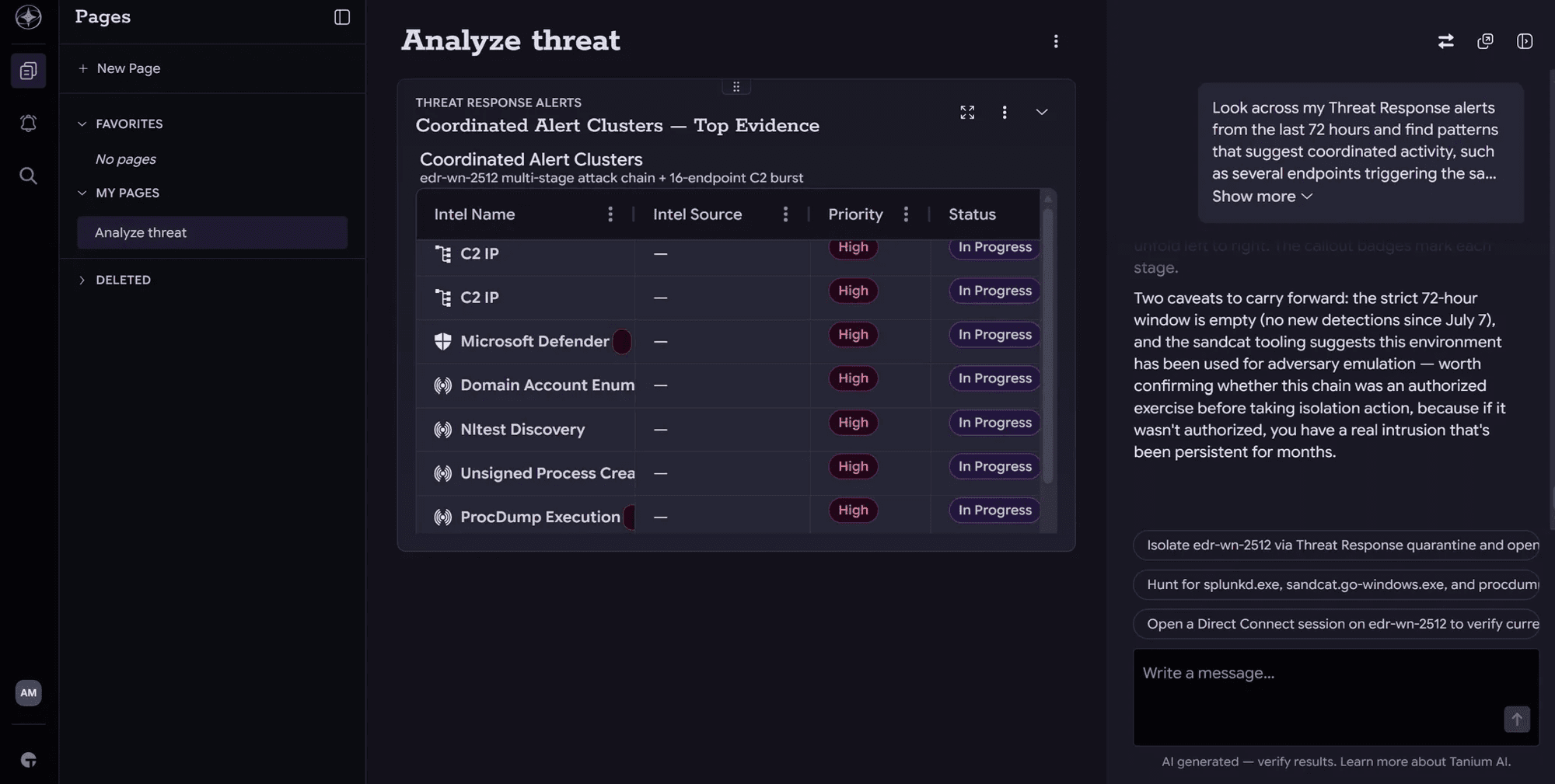 Agent-guided threat hunting in Tanium Atlas showing coordinated Threat Response alert clusters and AI-recommended next actions
