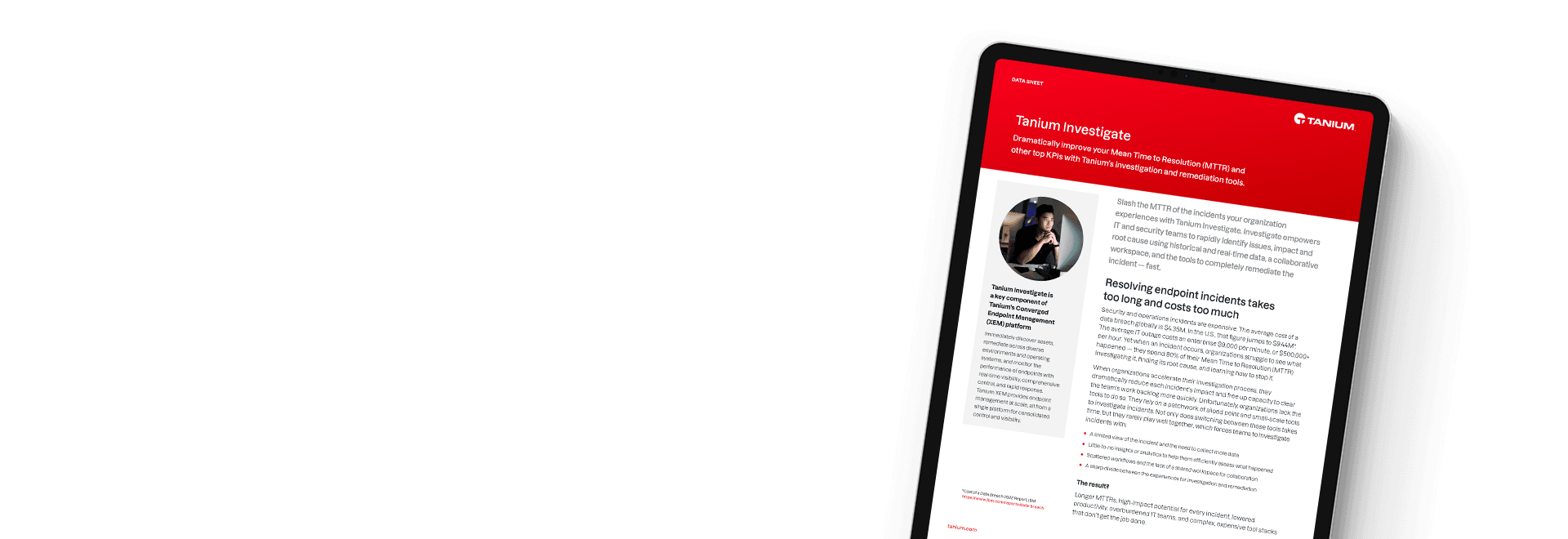 Tablet showing Tanium Investigate datasheet with portrait