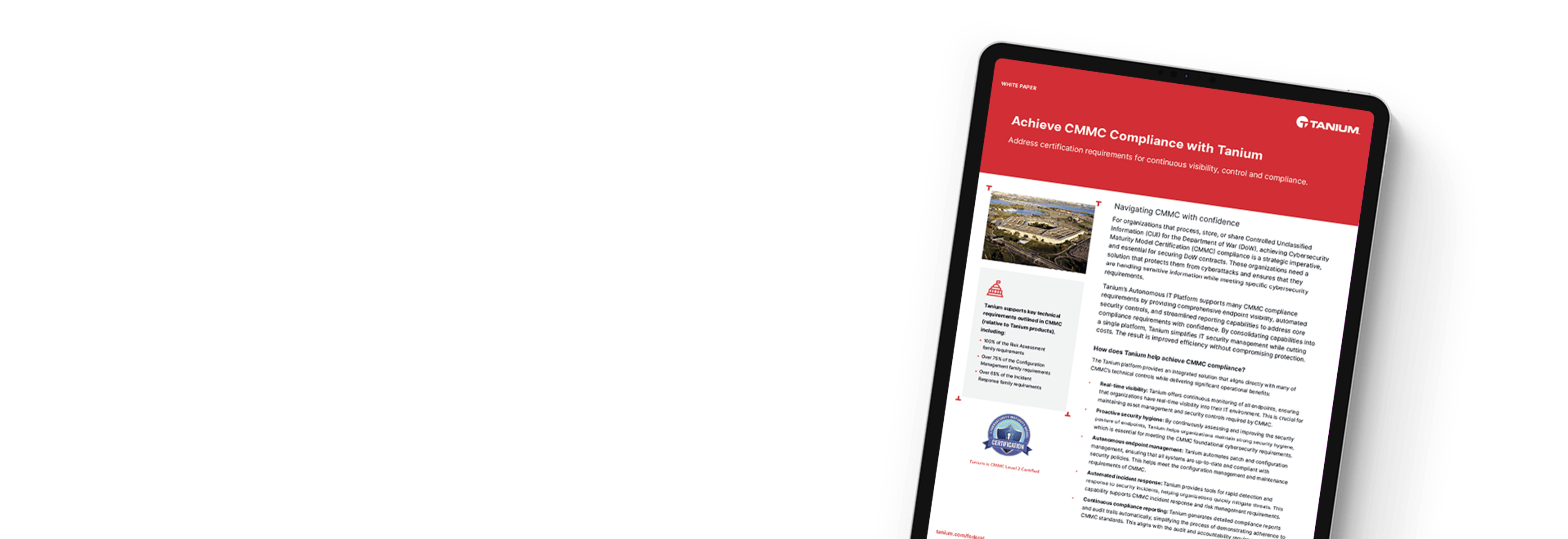 Achieve CMMC requirements with Tanium whitepaper cover on tablet