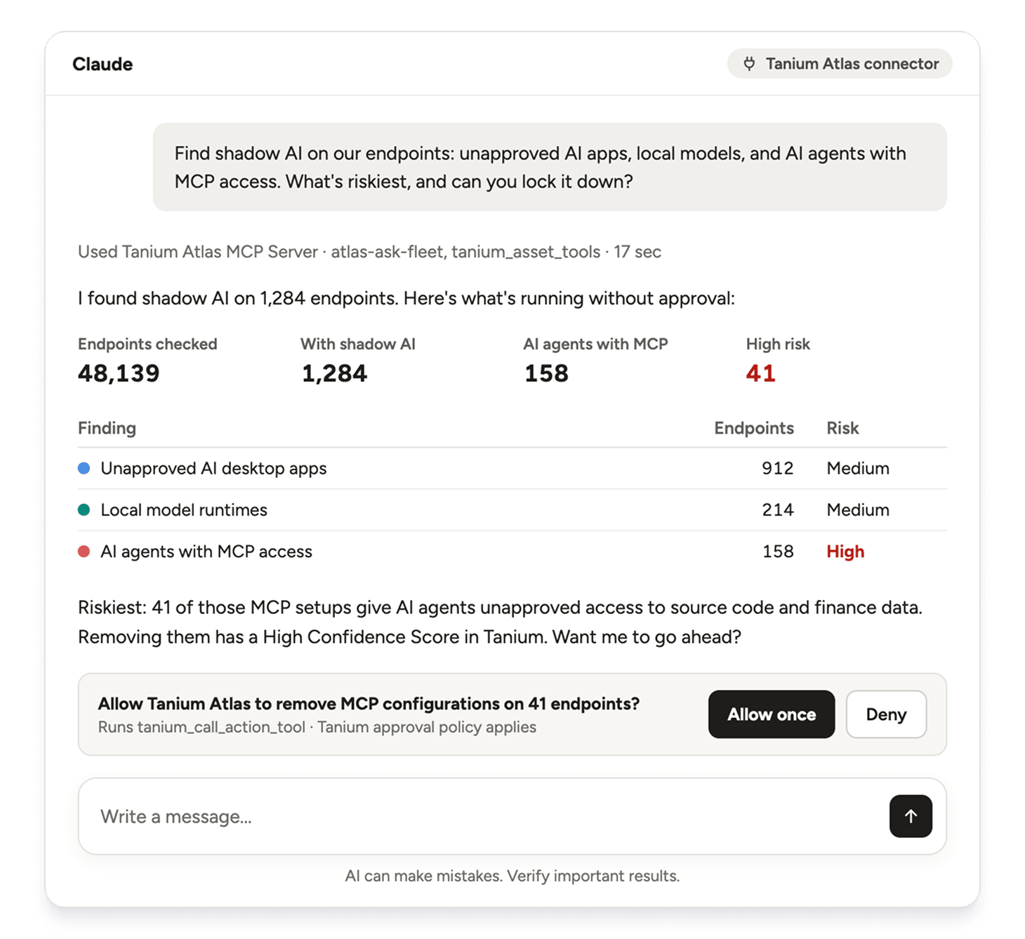 Tanium Atlas MCP Server chat interface showing asset discovery and inventory data visualized in chart panels