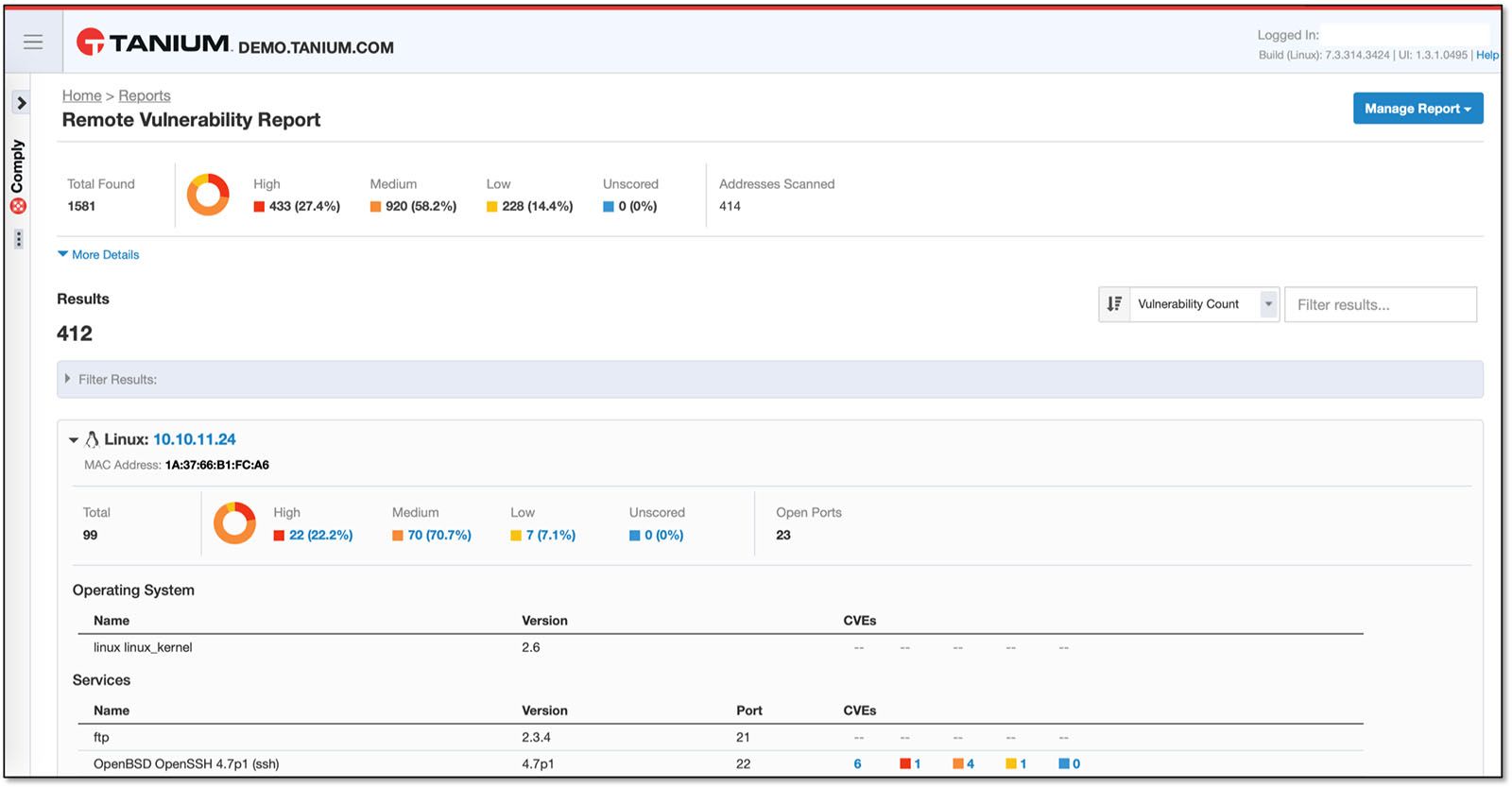 Screenshot of Tanium Comply remote vulnerability report