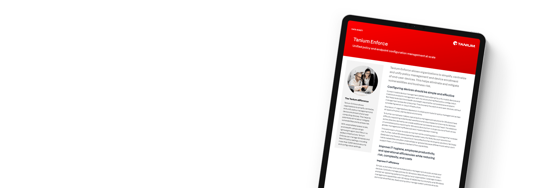 Tablet showing Tanium Enforce data sheet covering policy management