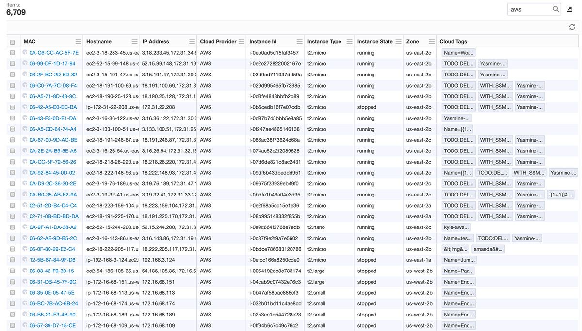Screenshot of Tanium Discover showing table of 6,709 discovered endpoints with MAC addresses, hostnames, cloud providers, and instance details