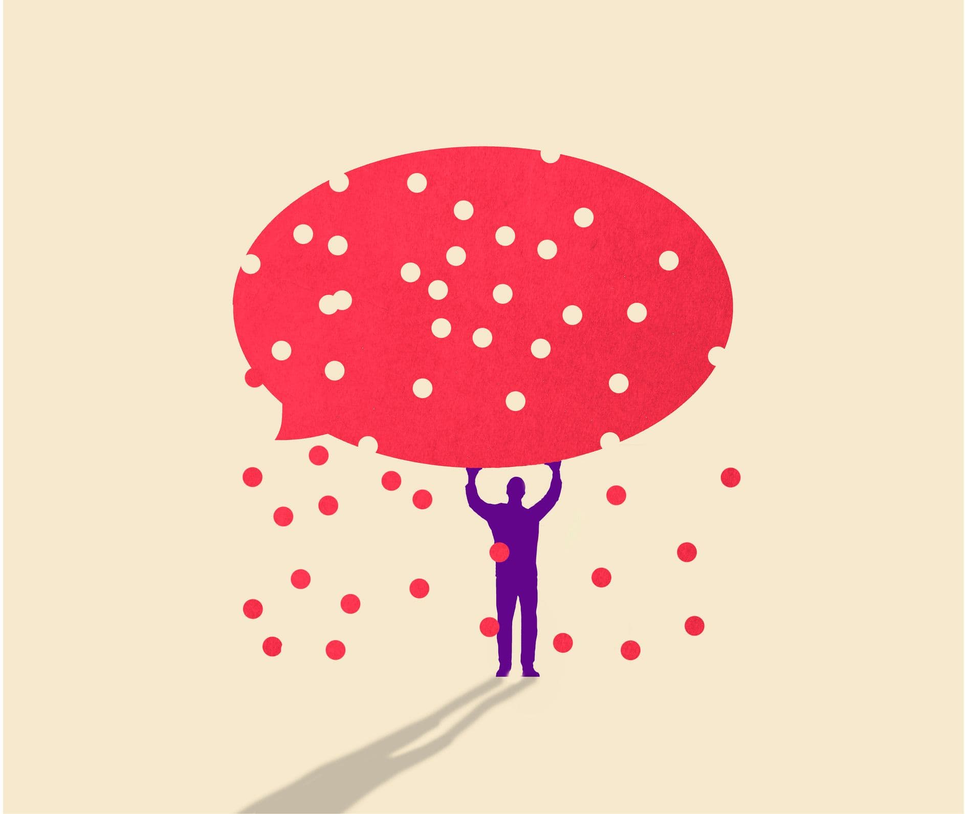 An illustration of a man seen in blue silhouette holding over his head a large red speech bubble, which is punched with holes.