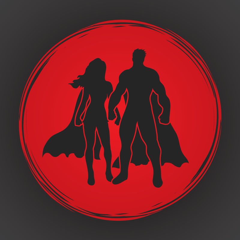 Illustration of superhero silhouettes against red circular background