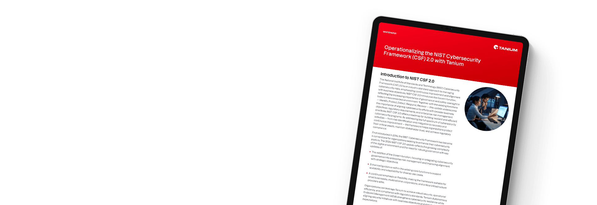 Operationalizing the NIST Cybersecurity Framework 2.0 whitepaper with team discussing strategy
