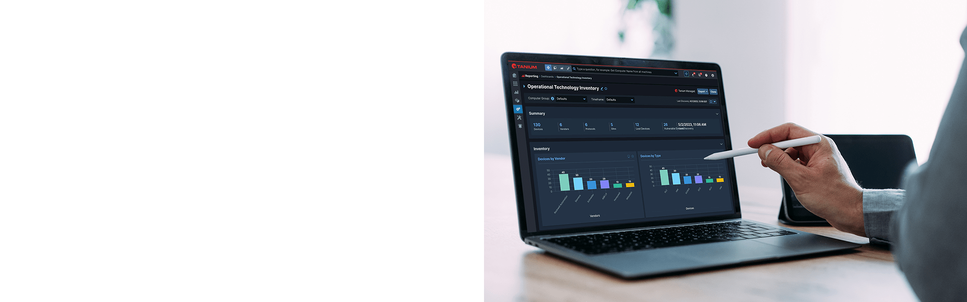 Person pointing at Tanium dashboard on laptop screen showing analytics