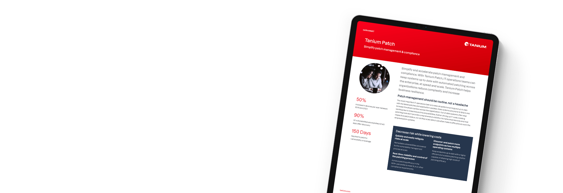Tablet showing Tanium Patch data sheet with patch management statistics