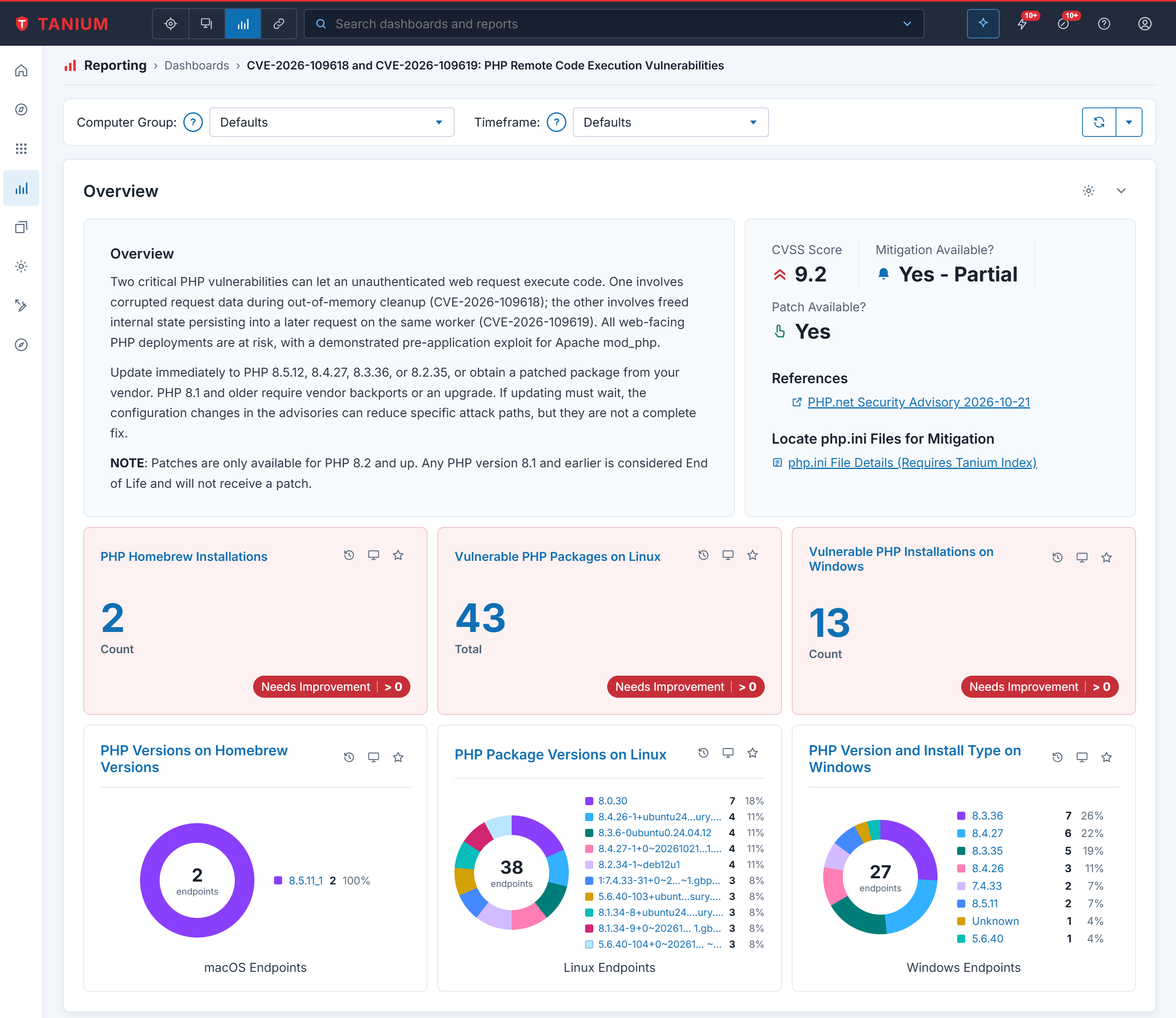 Tanium Reporting dashboard for CVE-2026-109618 and CVE-2026-109619 showing vulnerable PHP installations on macOS, Linux and Windows endpoints