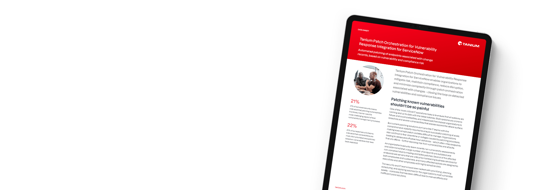 Tablet displaying datasheet 'Tanium Patch Orchestration for Vulnerability Response Integration for ServiceNow'