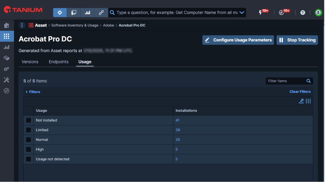 Screenshot of Tanium Software Inventory showing Acrobat Pro DC usage parameters and versions