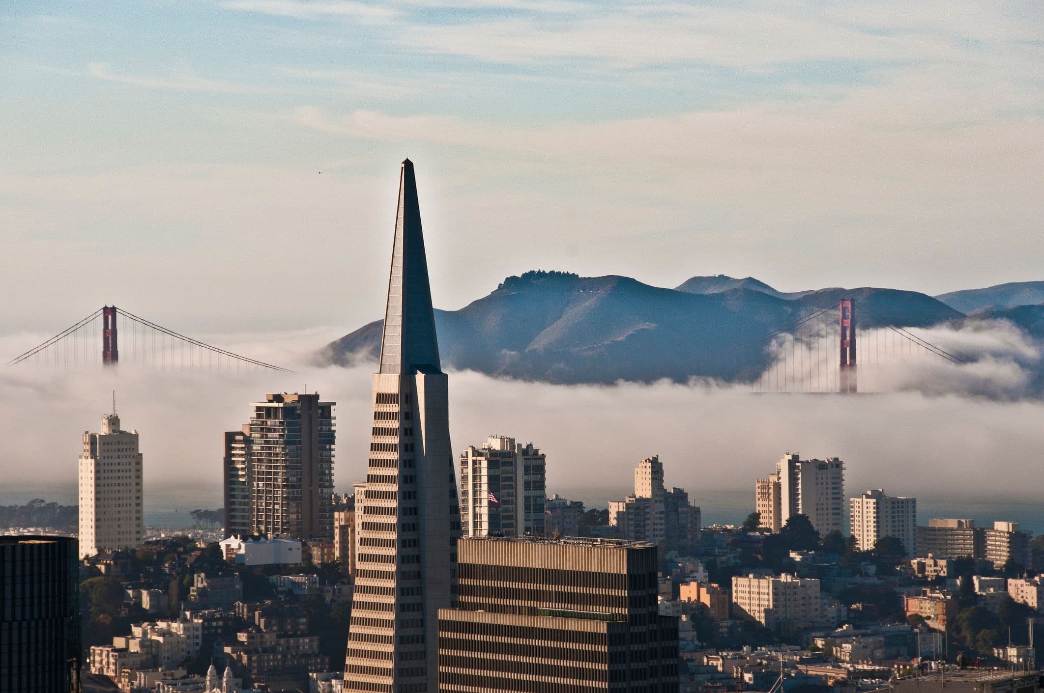 A photo of the San Francisco skyline, with the Transamerica Pyramid tower in closeup and the Golden Gate Bridge peeking out of fog in the background.