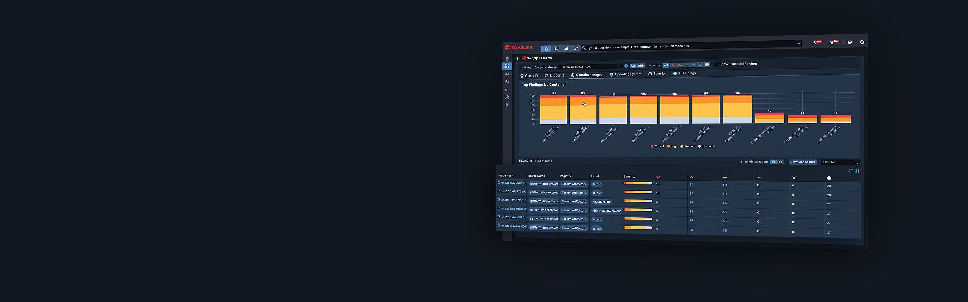 Tanium Cloud Workloads hero dashboard mockup with container vulnerability data