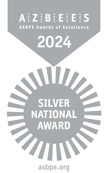 Image of a silver and white medal hanging from a ribbon that reads, Azbees 2024, Silver National Award
