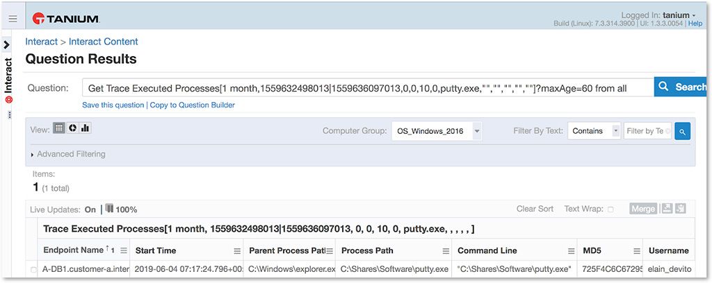 Screenshot of Tanium Question Results showing trace executed processes with start time, parent process path, and username information