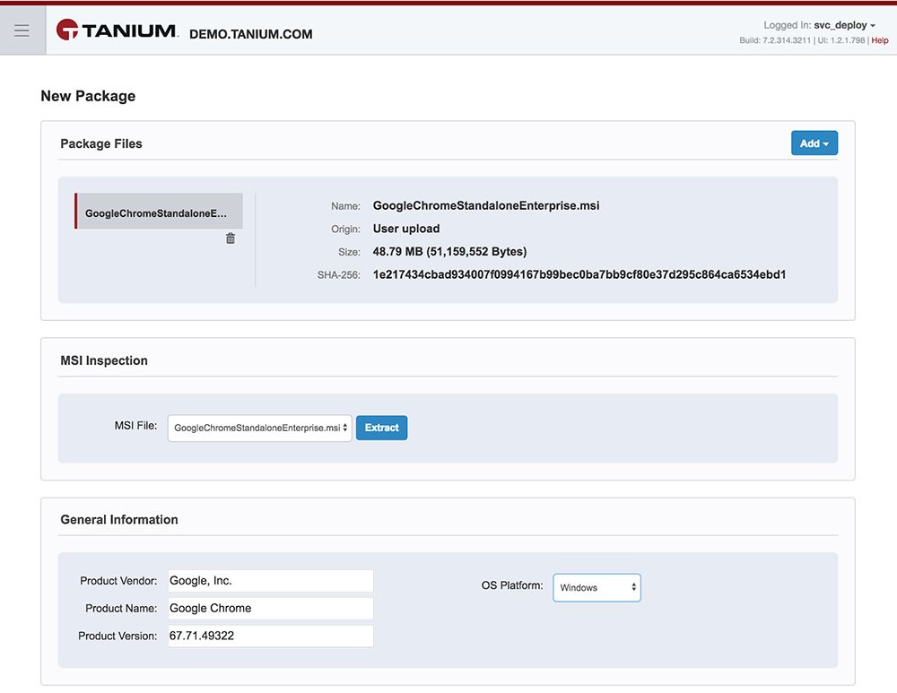 Tanium Deploy package creation interface showing Google Chrome MSI file upload and package details