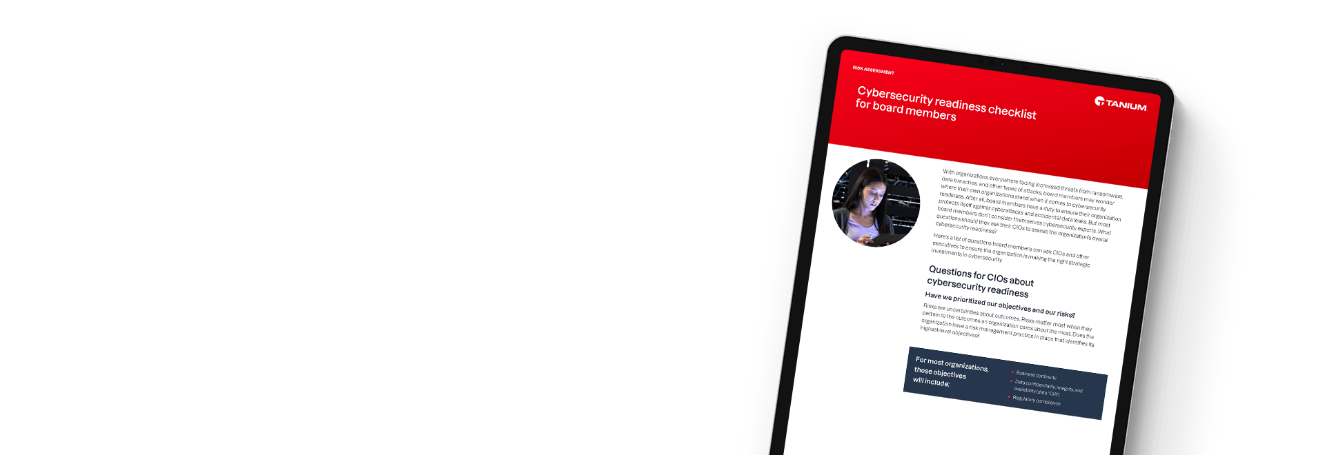 Tablet showing cybersecurity readiness checklist for board members