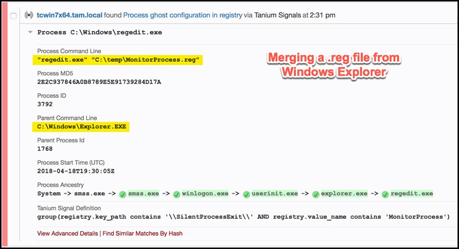 Tanium Signals showing registry file merge from Windows Explorer