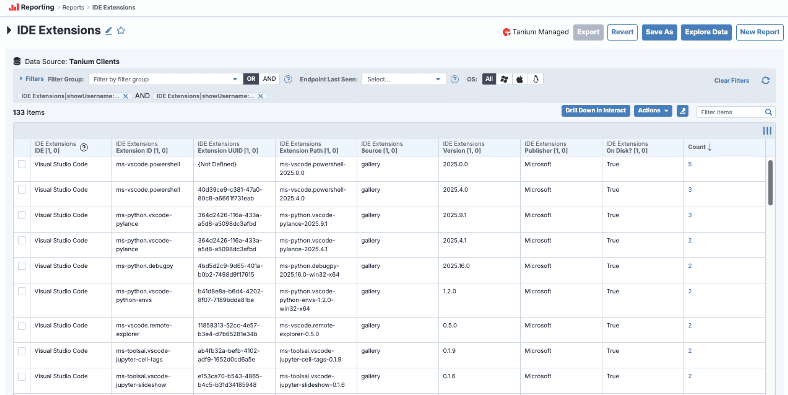 Product screenshot of Tanium Guardian IDE Extensions report