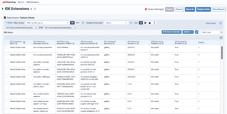 Product screenshot of Tanium Guardian IDE Extensions report