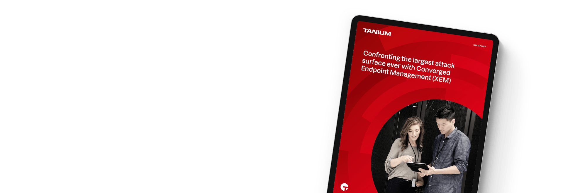 Tablet mockup of "Confronting large attack surfaces with Converged Endpoint Management" whitepaper