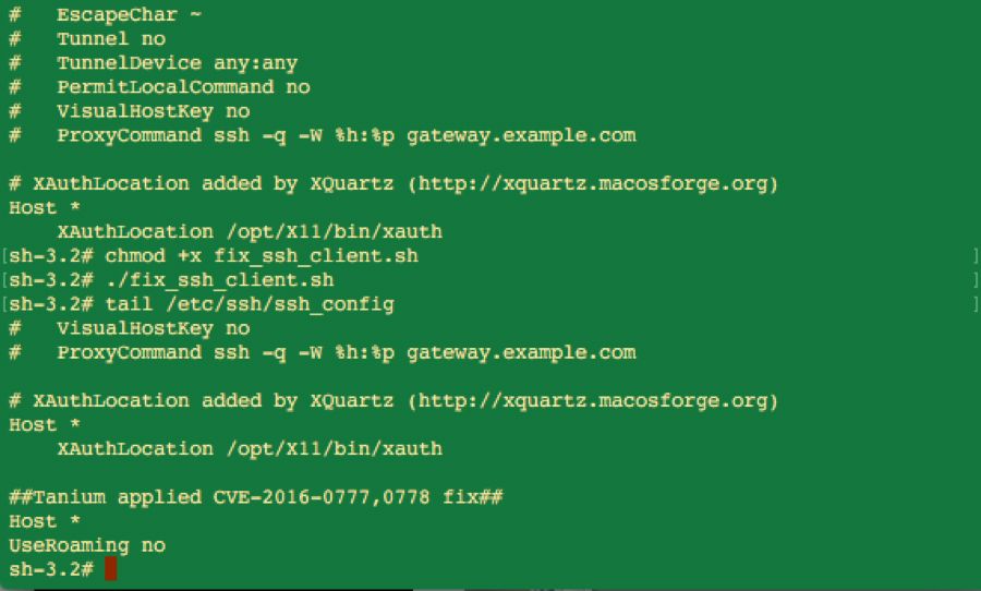 SSH configuration file showing OpenSSH vulnerability remediation settings and XAuthorization configuration