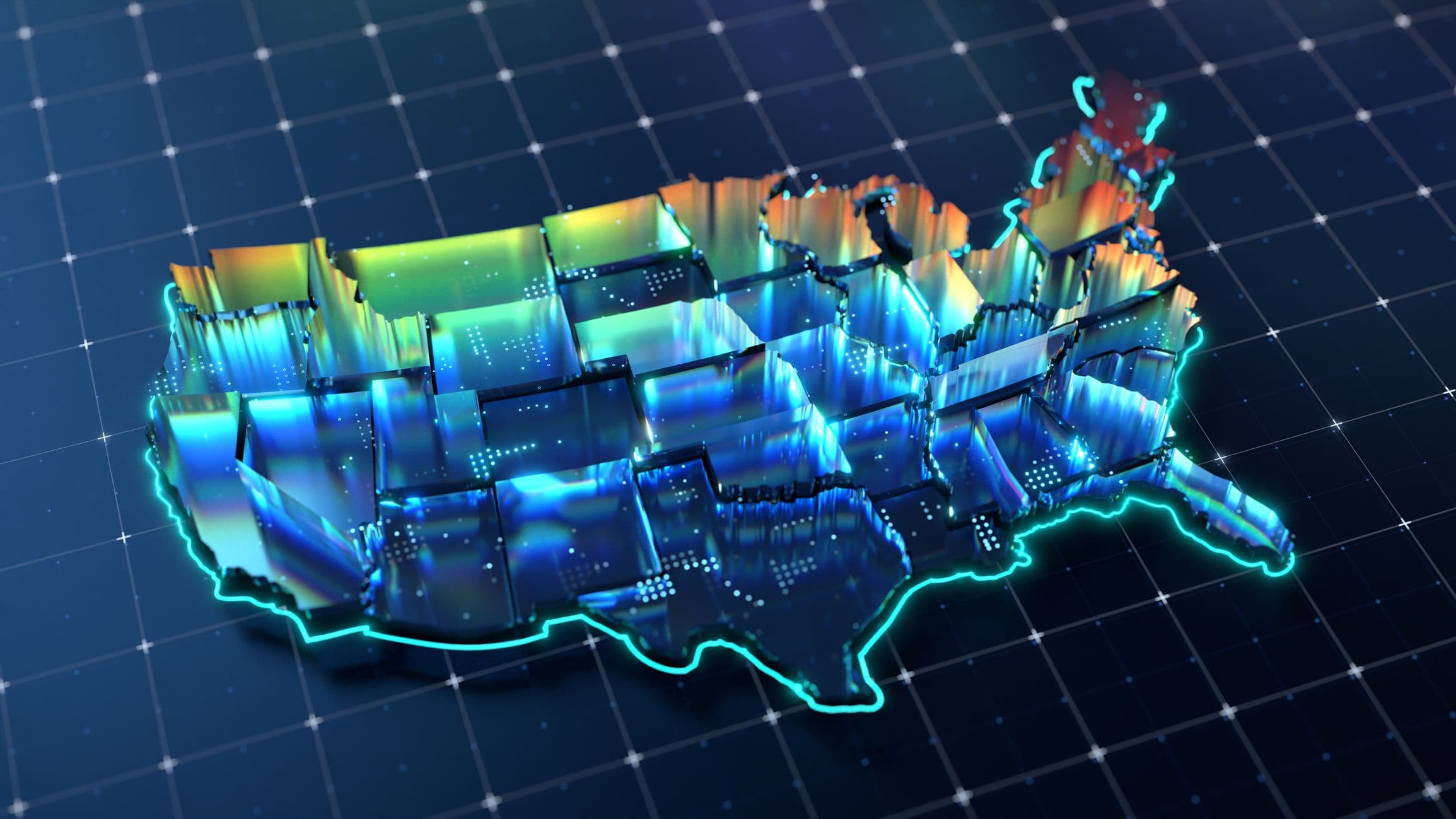A glowing neon 3D map of the U.S., where each state looks it is made from chunks of glass.