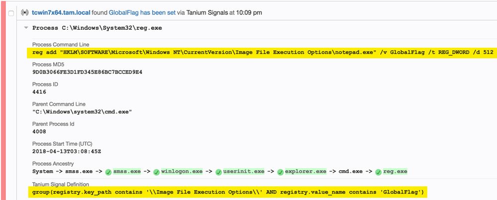 Tanium Trace showing registry hive merge technique for persistence