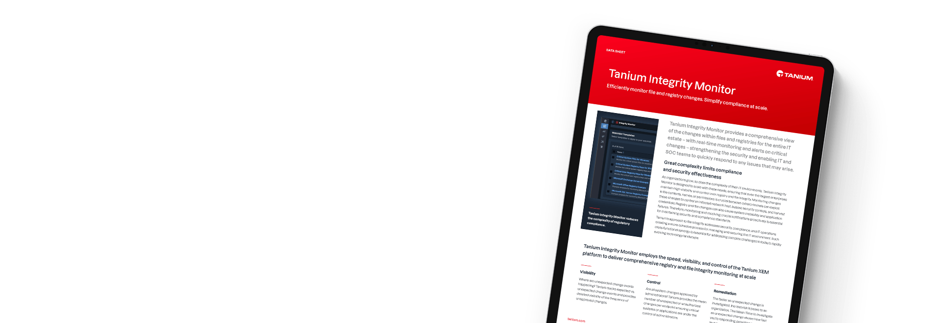 Tablet showing Tanium Integrity Monitor data sheet with compliance monitoring features