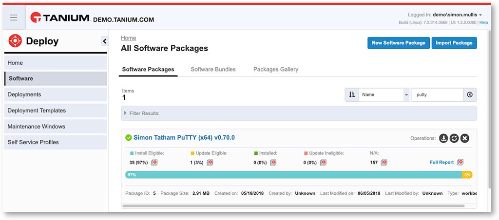 Screenshot of Tanium Deploy All Software Packages view showing Simon Tatham PuTTY software package with deployment status