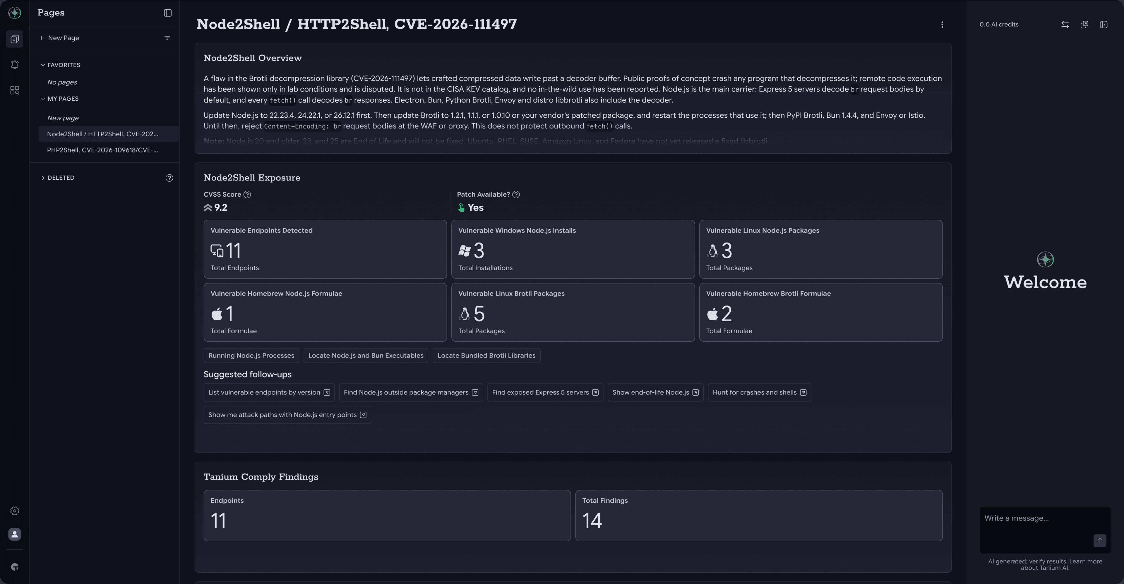 Tanium Atlas page for Node2Shell / HTTP2Shell (CVE-2026-111497) showing a CVSS score of 9.2, patch availability, and counts of vulnerable endpoints, Node.js installs and Brotli packages