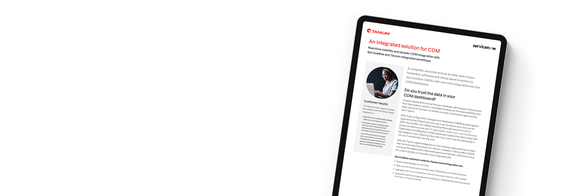 Tablet showing Tanium + ServiceNow for CDM solution brief with portrait