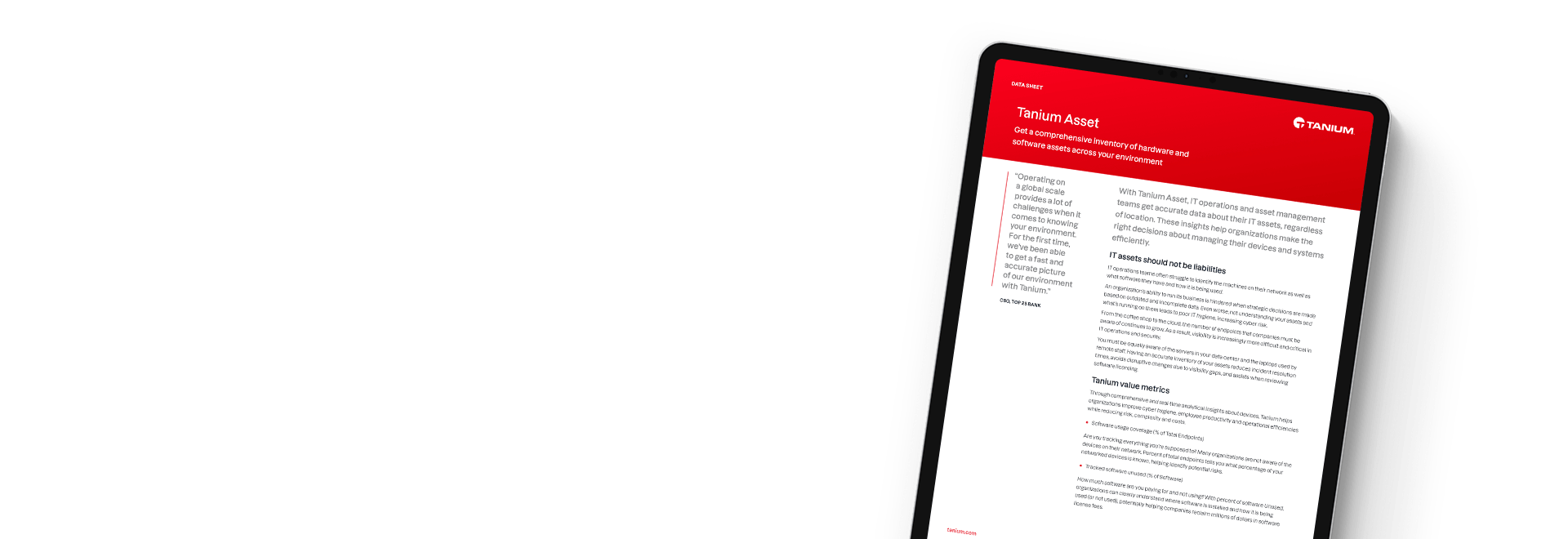 Tablet showing Tanium Asset data sheet with inventory management details