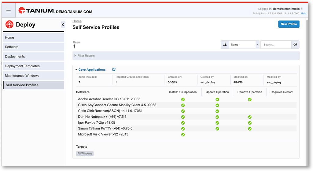 Screenshot of Tanium Deploy Self Service Profiles showing core applications and deployment operations for software distribution
