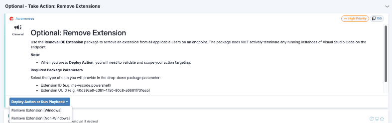 Product screenshot of Tanium Guardian helping take action to remove extensions