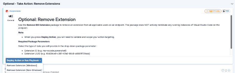Product screenshot of Tanium Guardian helping take action to remove extensions