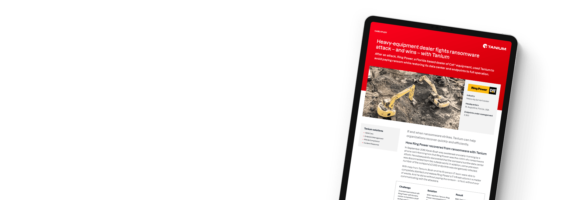 Document preview of "Heavy-equipment dealer fights ransomware attack — and wins — with Tanium" case study