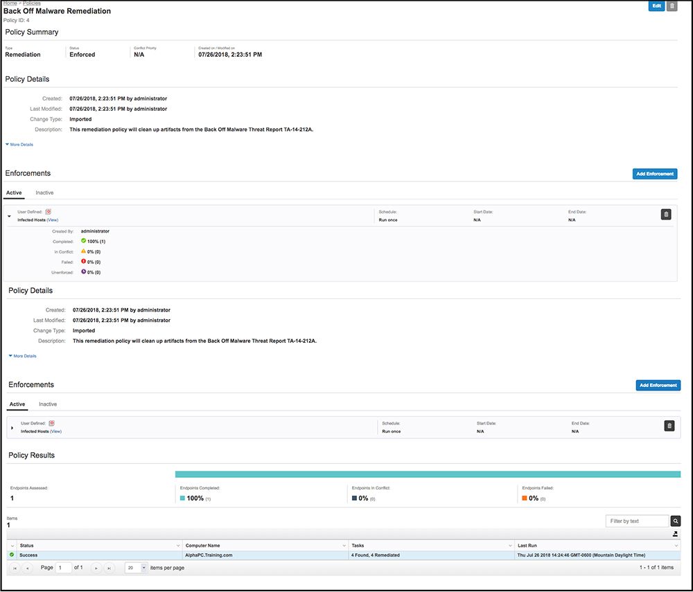 Screenshot of Tanium Protect Back Of Release Remediation policy showing policy details, enhancements, and policy results with compliance metrics