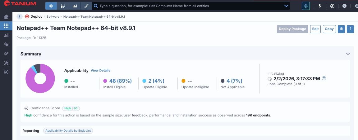 Screenshot of Tanium’s Deploy Gallery, which includes content for upgrading and uninstalling Notepad++